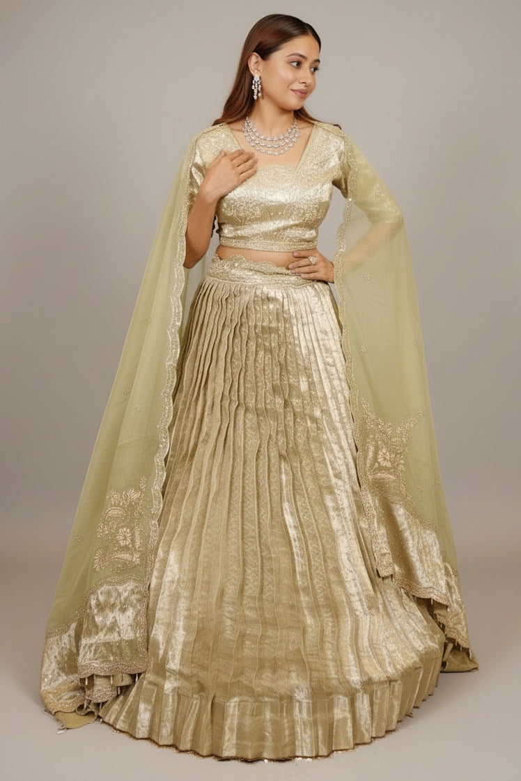 Pista Green Tissue Pleated Lehenga - green saree Main image