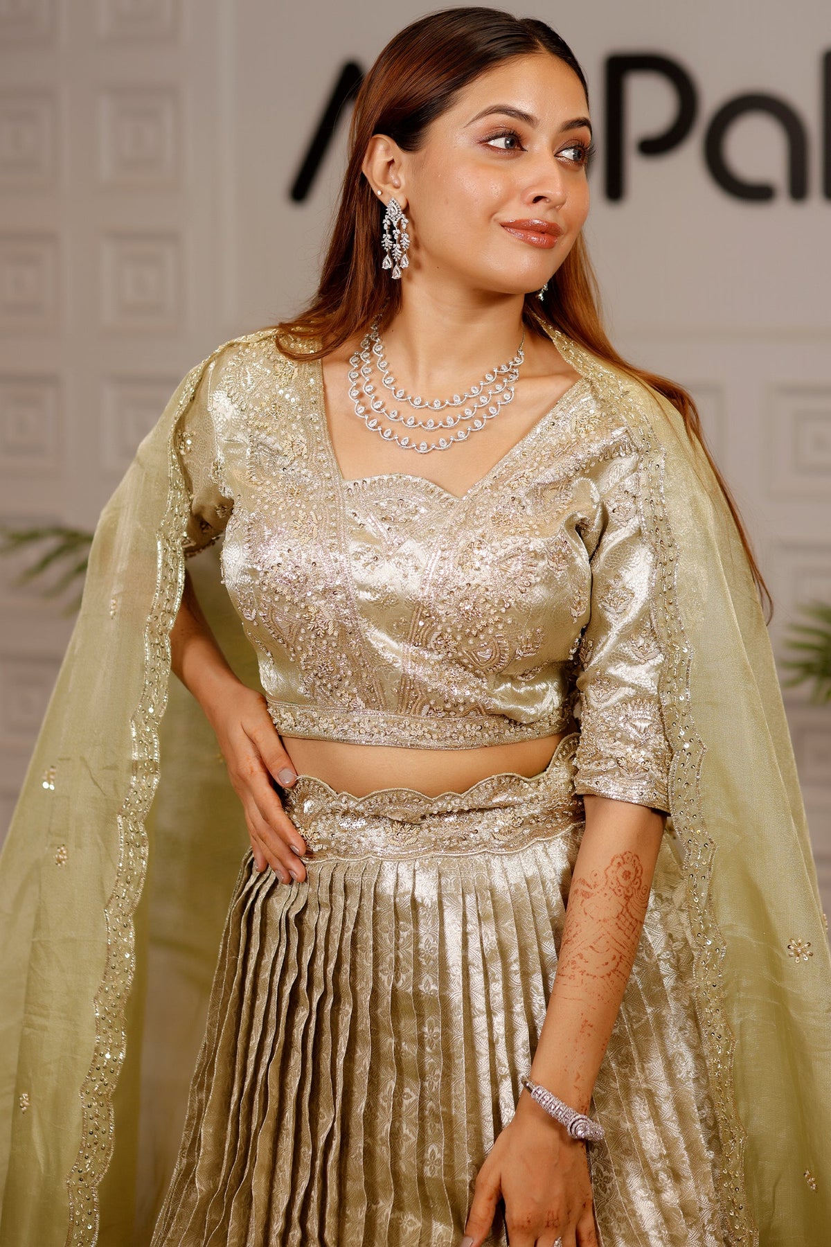 Pista Green Tissue Pleated Lehenga - green saree