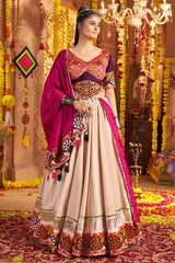 Beige Viscose Rayon Flared Chaniya Choli with Kachchi Worked Border
