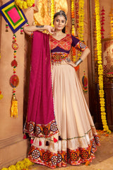 Beige Viscose Rayon Flared Chaniya Choli with Kachchi Worked Border