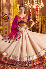 Beige Viscose Rayon Flared Chaniya Choli with Kachchi Worked Border