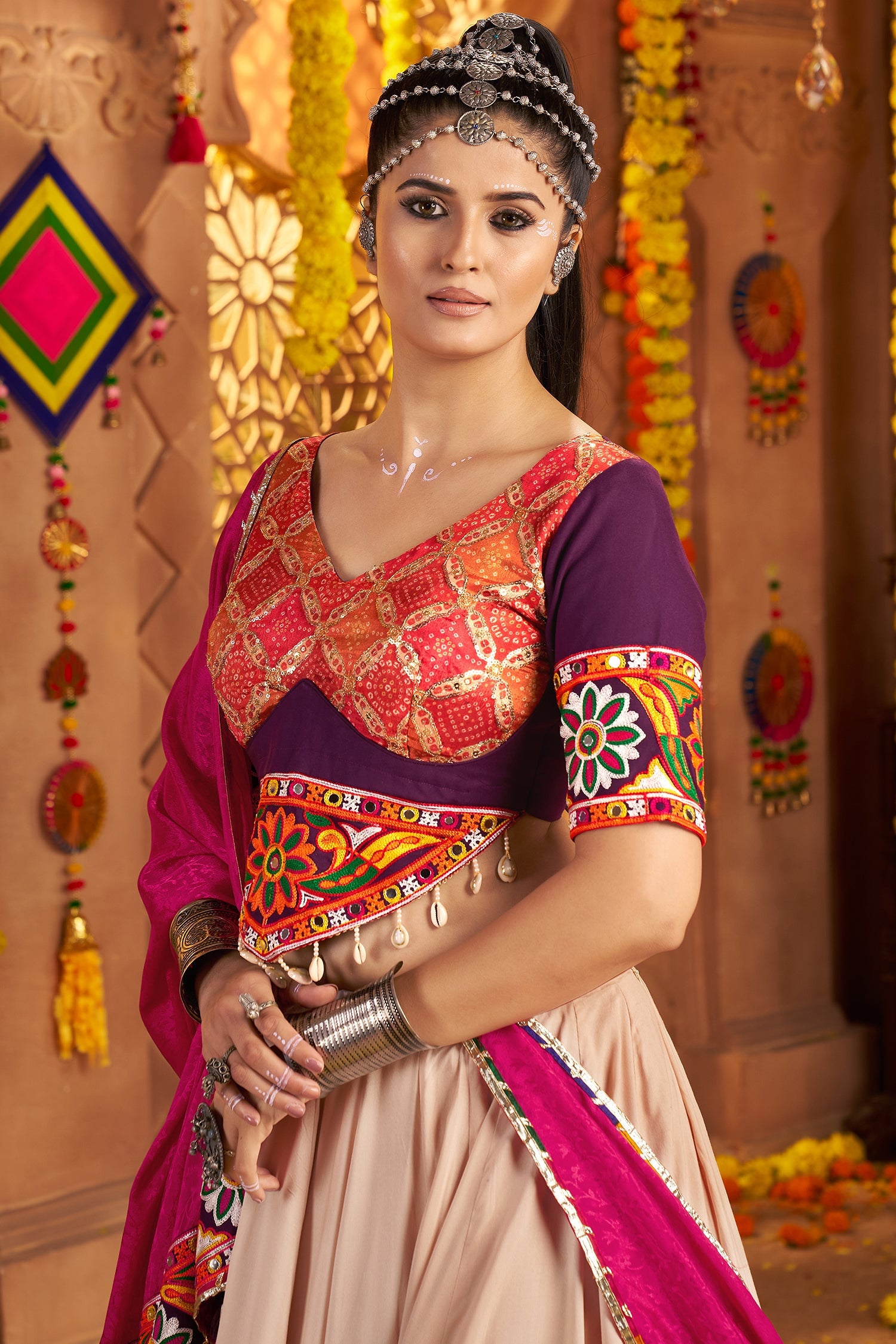 Beige Viscose Rayon Flared Chaniya Choli with Kachchi Worked Border