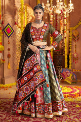 Black and Multi Colored Viscose Rayon Printed Flared Chaniya Choli with Kachchi work Border