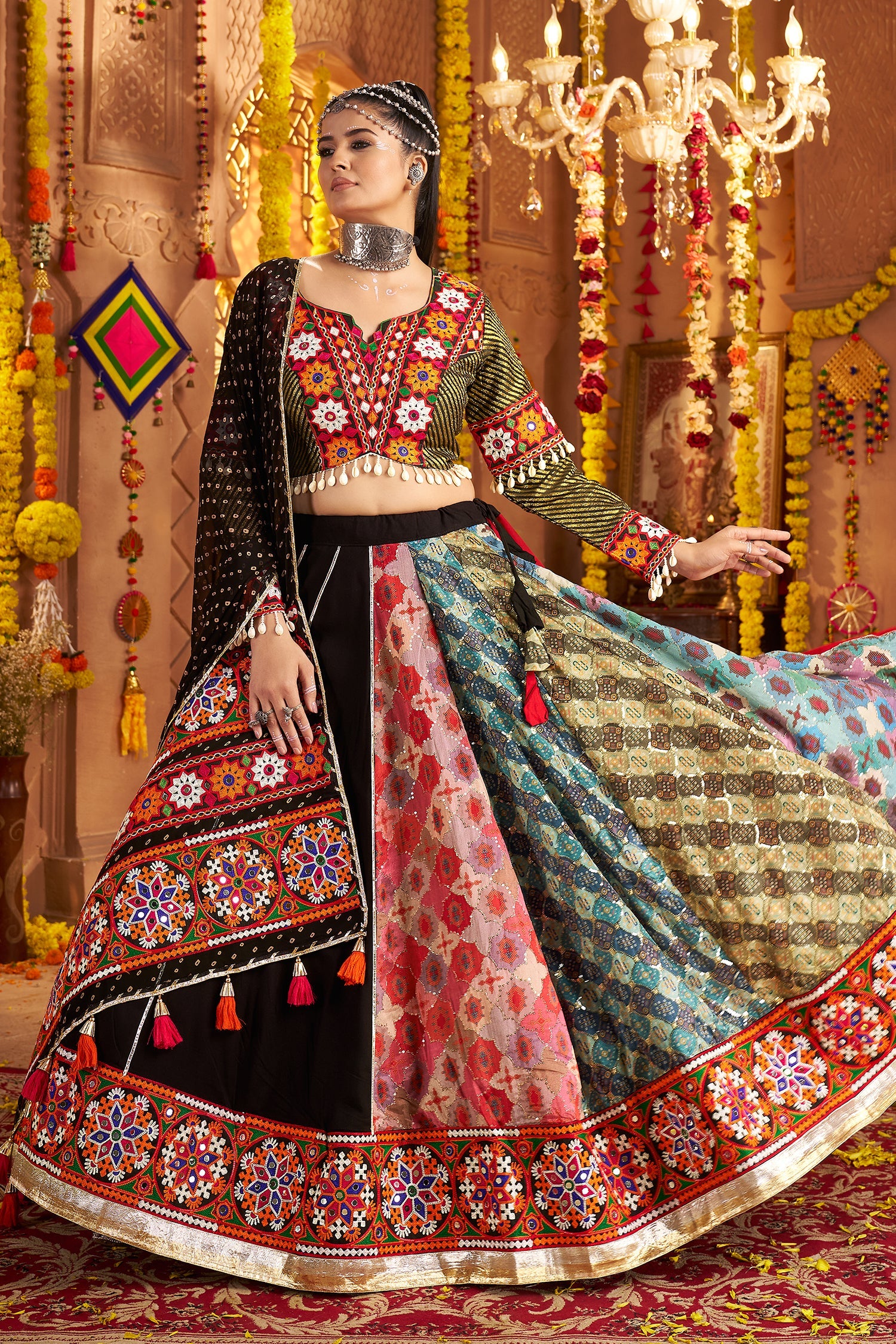 Black and Multi Colored Viscose Rayon Printed Flared Chaniya Choli with Kachchi work Border