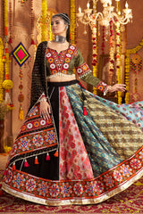 Black and Multi Colored Viscose Rayon Printed Flared Chaniya Choli with Kachchi work Border
