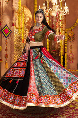 Black and Multi Colored Viscose Rayon Printed Flared Chaniya Choli with Kachchi work Border