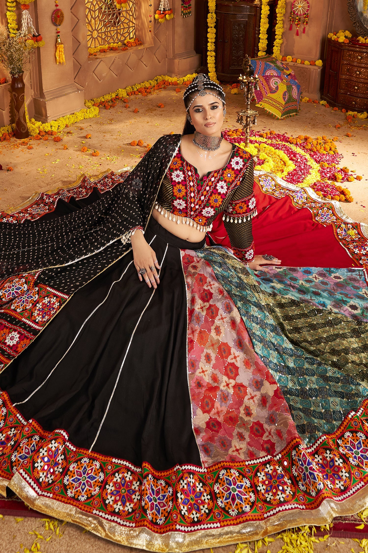 Black and Multi Colored Viscose Rayon Printed Flared Chaniya Choli with Kachchi work Border