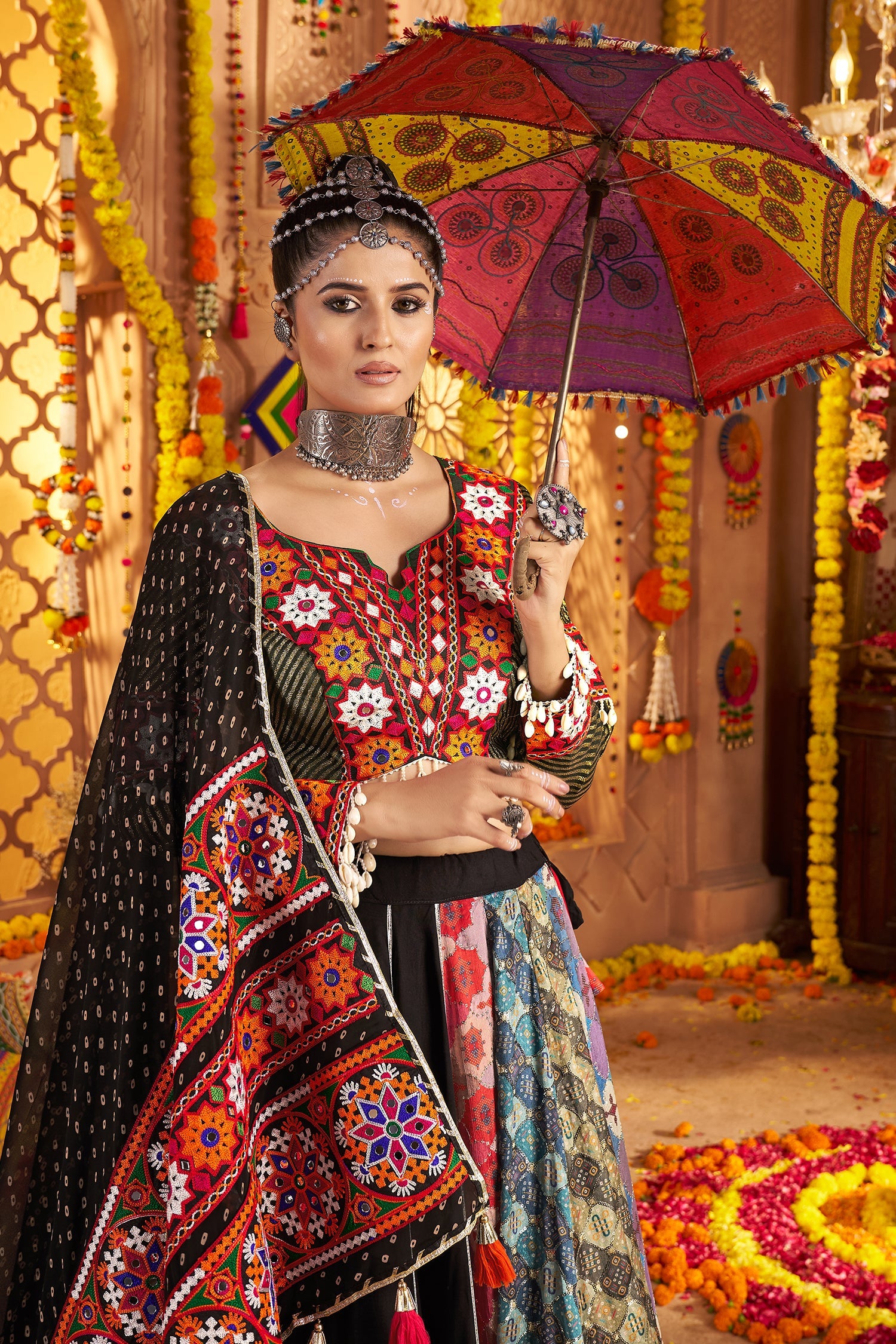 Black and Multi Colored Viscose Rayon Printed Flared Chaniya Choli with Kachchi work Border