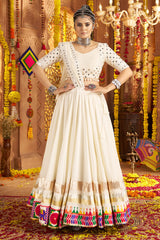 Off White Viscose Rayon Flared Chaniya Choli with Mirror and Embroidery Work