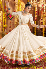 Off White Viscose Rayon Flared Chaniya Choli with Mirror and Embroidery Work