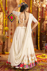 Off White Viscose Rayon Flared Chaniya Choli with Mirror and Embroidery Work