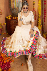 Off White Viscose Rayon Flared Chaniya Choli with Mirror and Embroidery Work