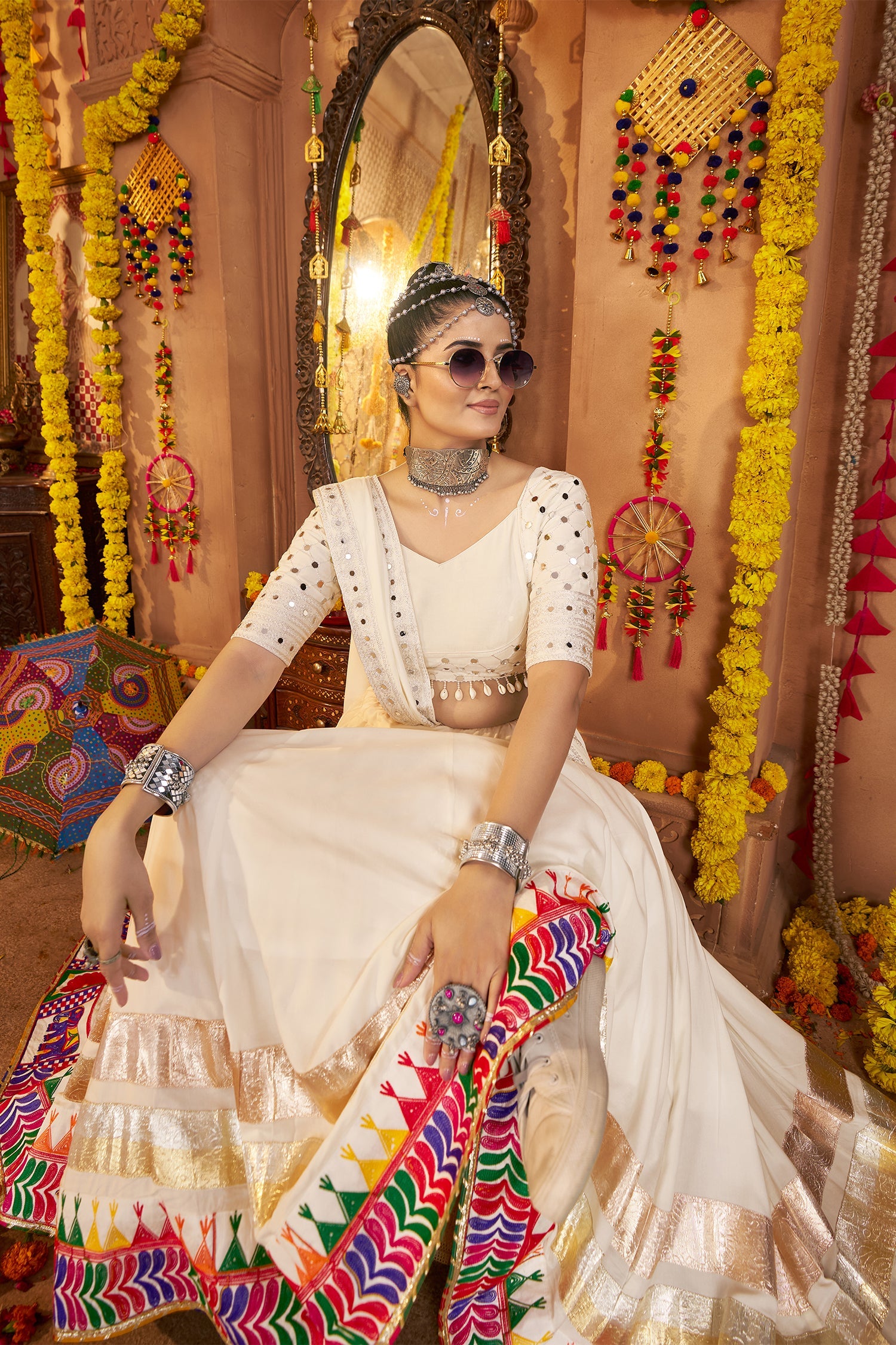 Off White Viscose Rayon Flared Chaniya Choli with Mirror and Embroidery Work