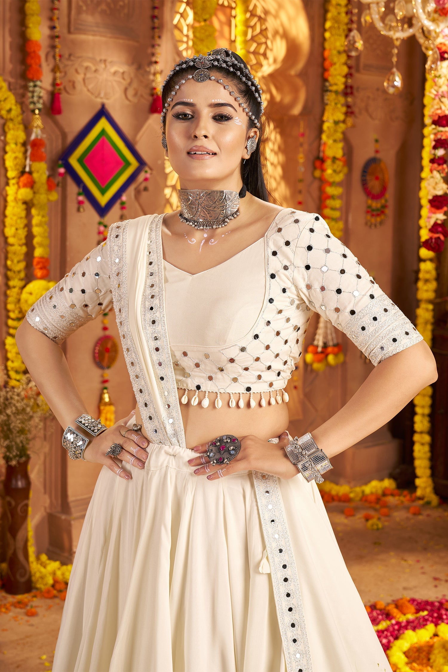 Off White Viscose Rayon Flared Chaniya Choli with Mirror and Embroidery Work