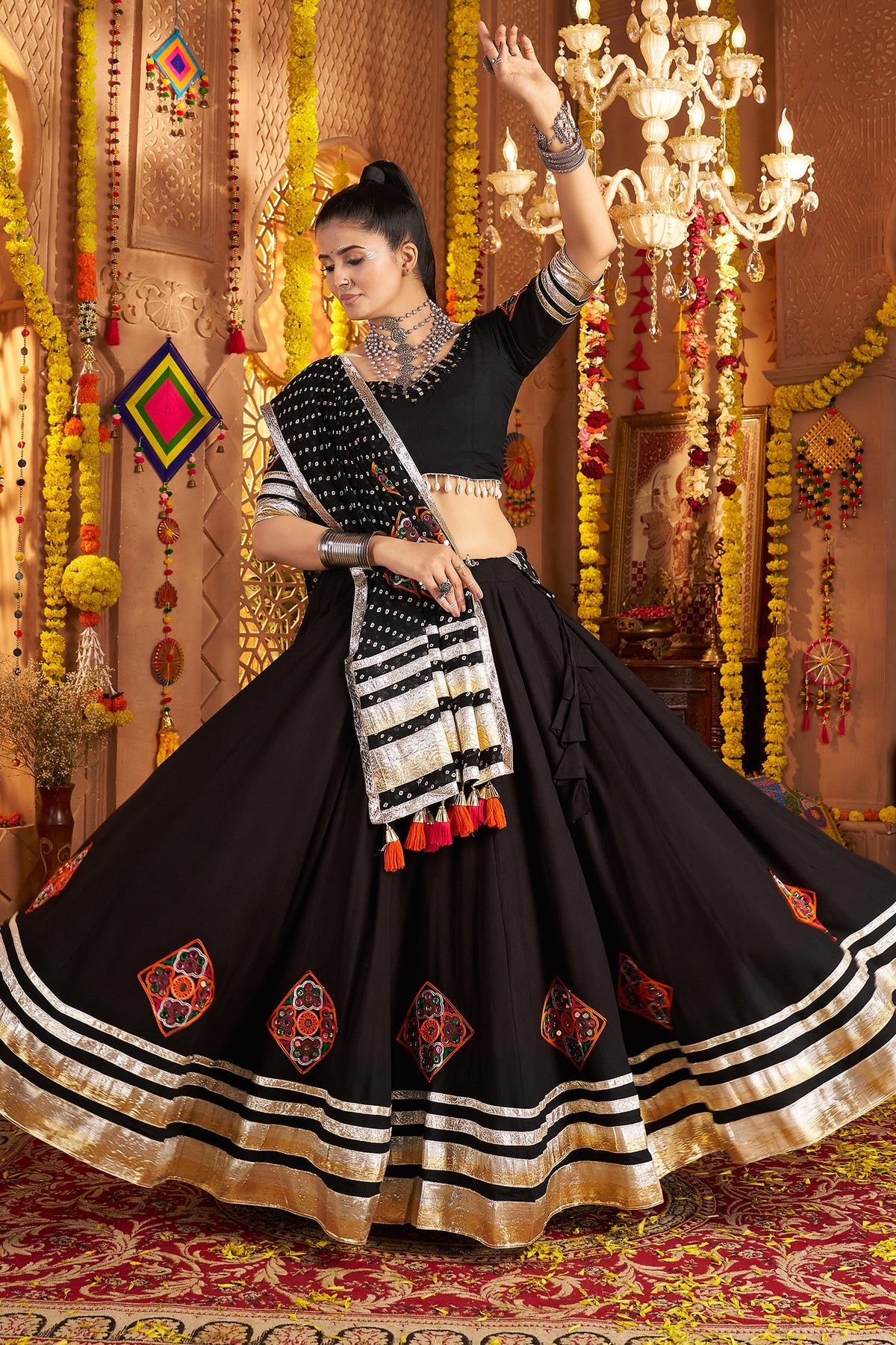 Black Viscose Rayon Flared Chaniya Choli with Lace and Kachchi Work