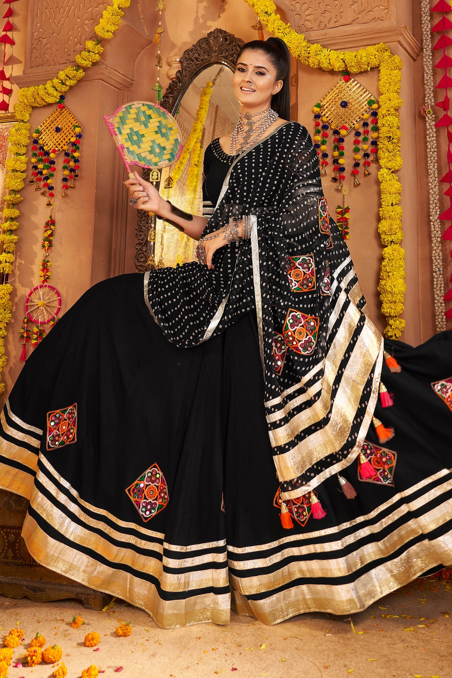 Black Viscose Rayon Flared Chaniya Choli with Lace and Kachchi Work