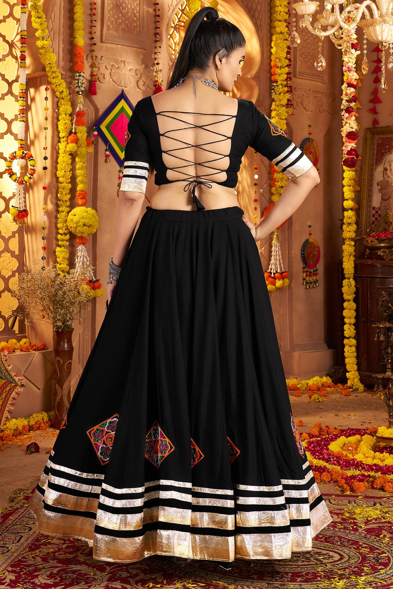 Black Viscose Rayon Flared Chaniya Choli with Lace and Kachchi Work