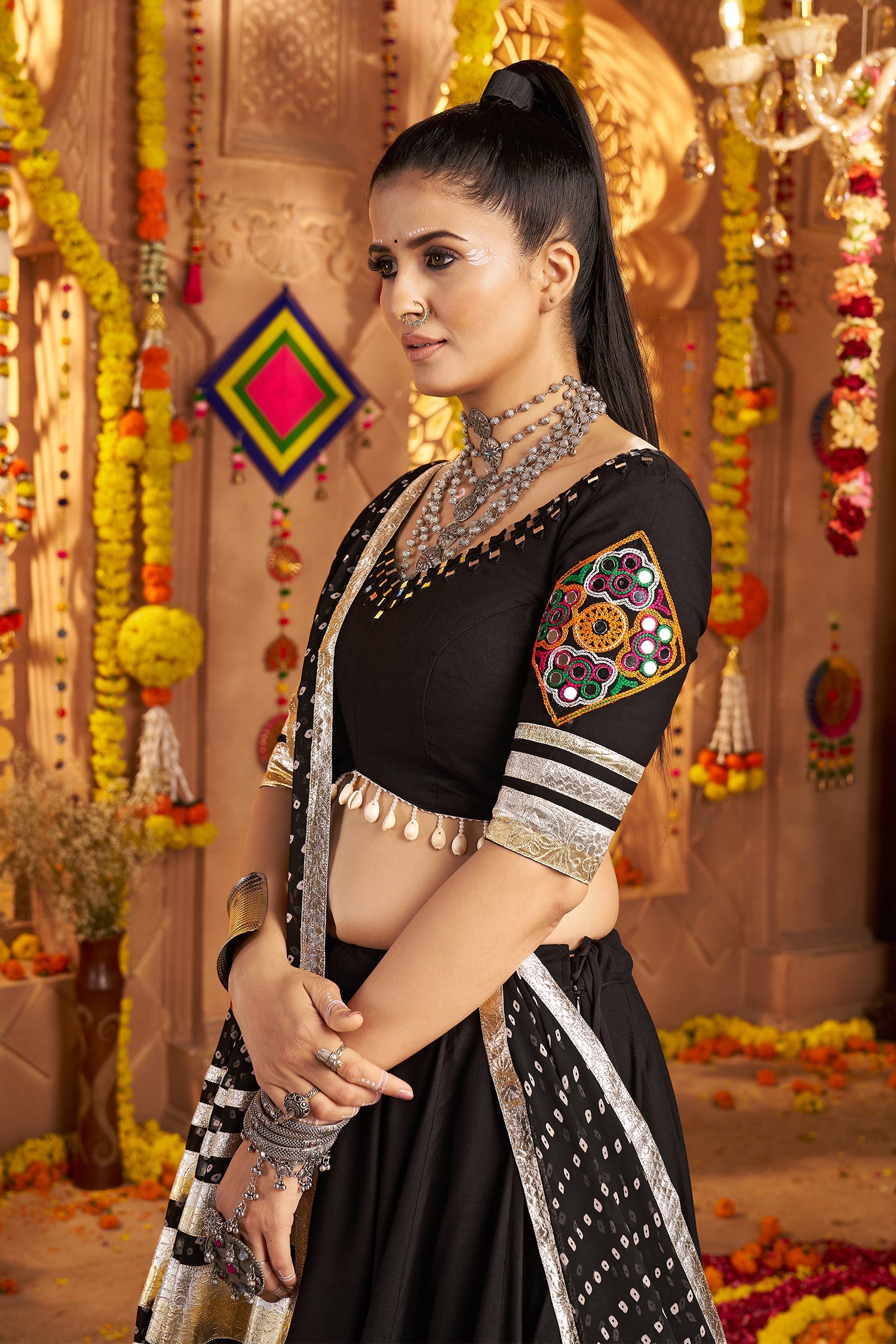 Black Viscose Rayon Flared Chaniya Choli with Lace and Kachchi Work