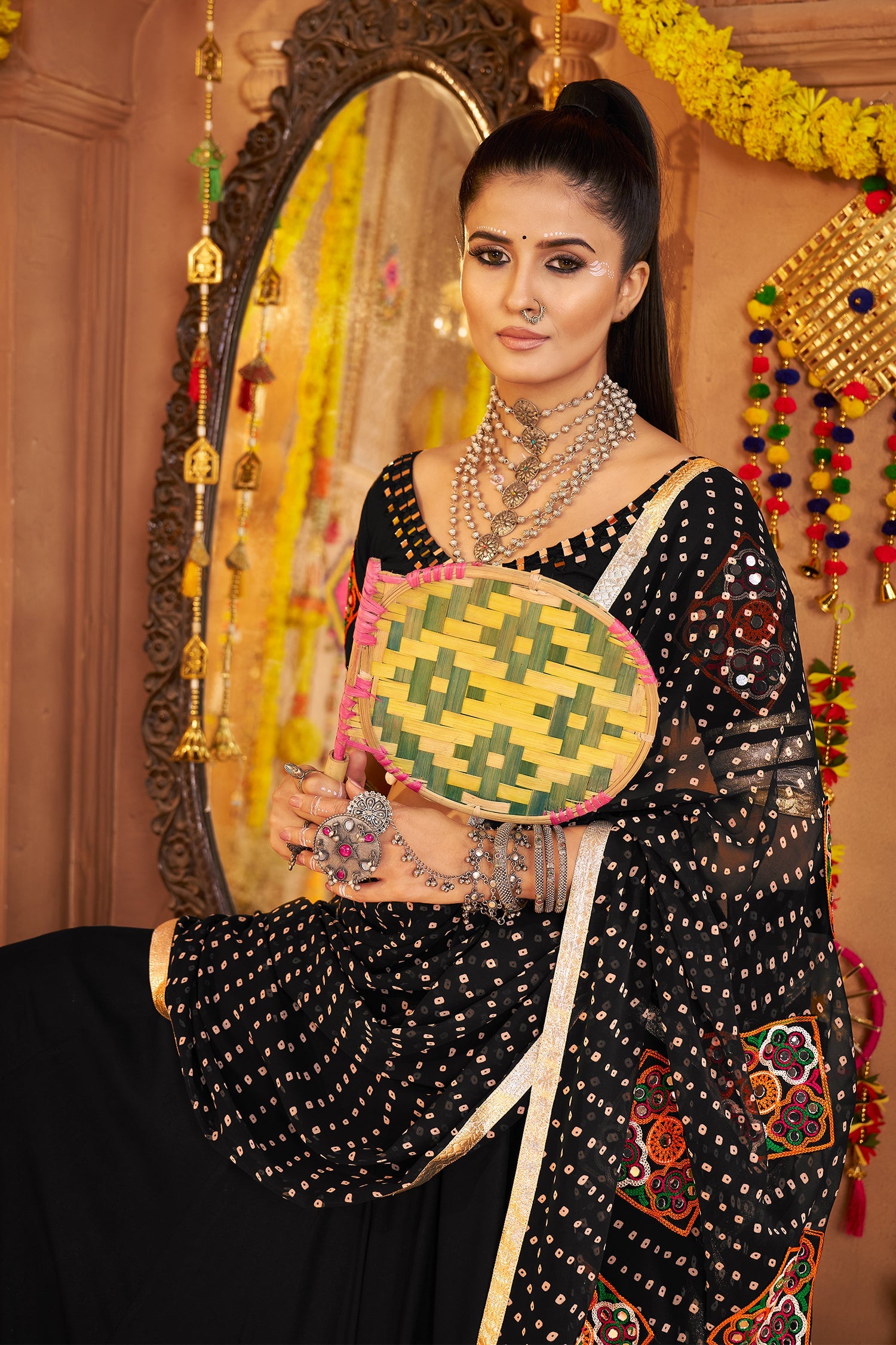 Black Viscose Rayon Flared Chaniya Choli with Lace and Kachchi Work