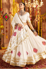 Off White Viscose Rayon Flared Chaniya Choli with Lace and Kachchi Work
