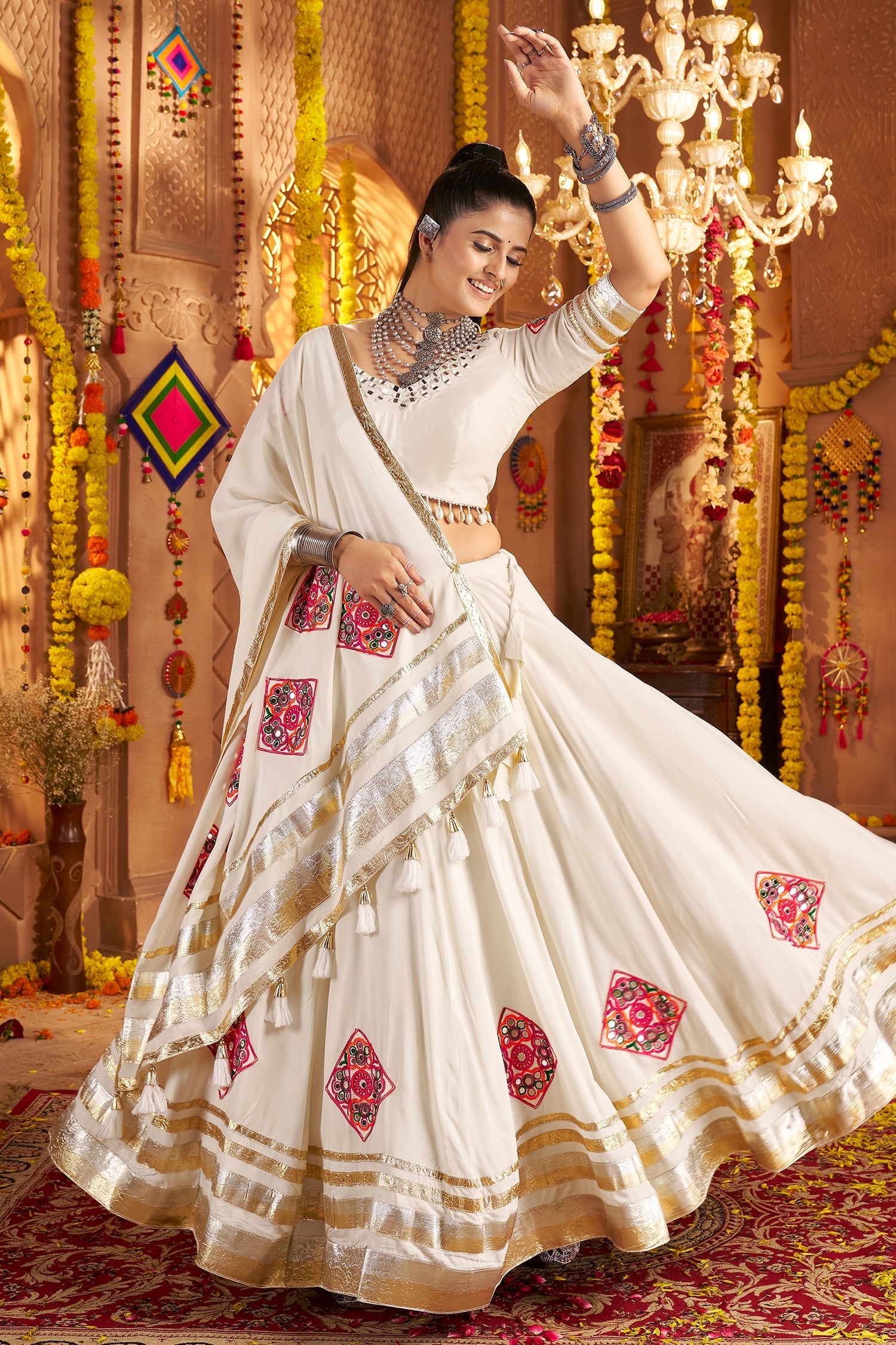 Off White Viscose Rayon Flared Chaniya Choli with Lace and Kachchi Work
