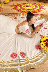 Off White Viscose Rayon Flared Chaniya Choli with Lace and Kachchi Work