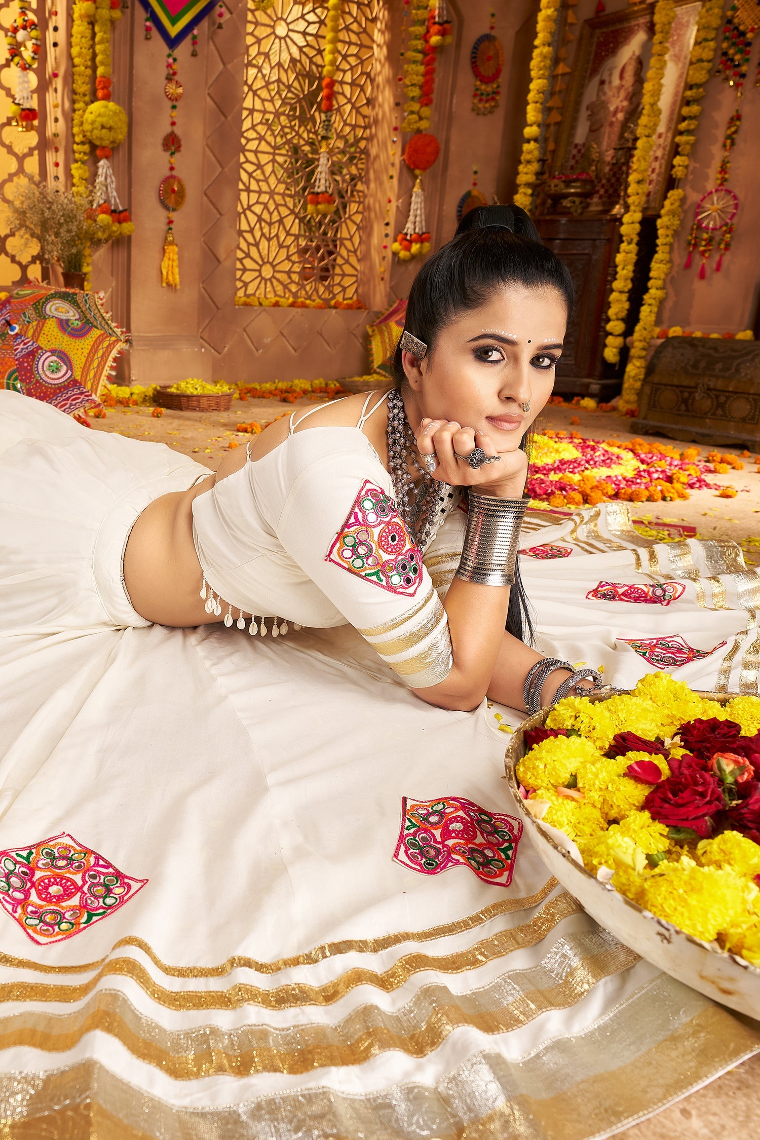 Off White Viscose Rayon Flared Chaniya Choli with Lace and Kachchi Work