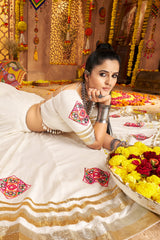 Off White Viscose Rayon Flared Chaniya Choli with Lace and Kachchi Work