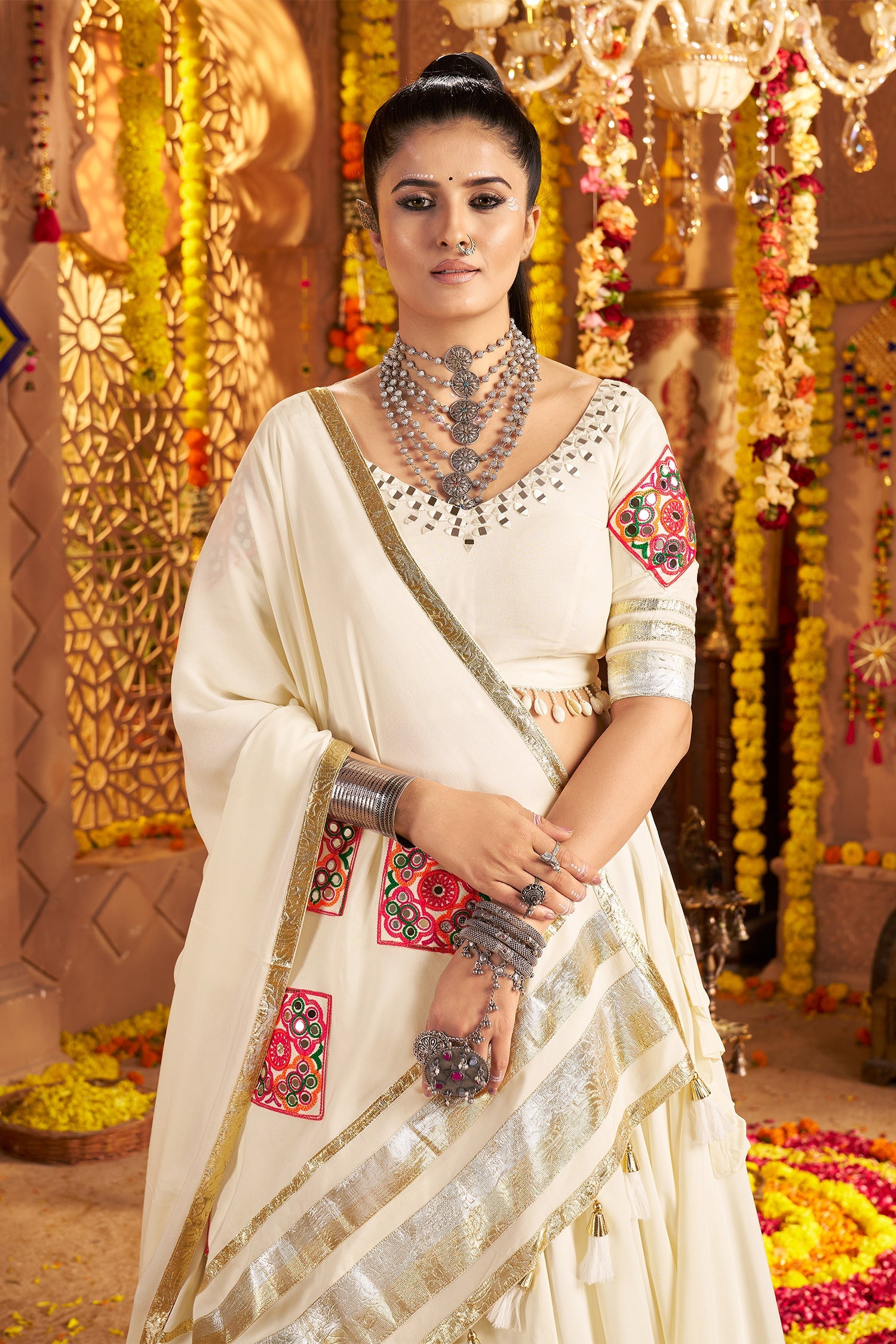 Off White Viscose Rayon Flared Chaniya Choli with Lace and Kachchi Work