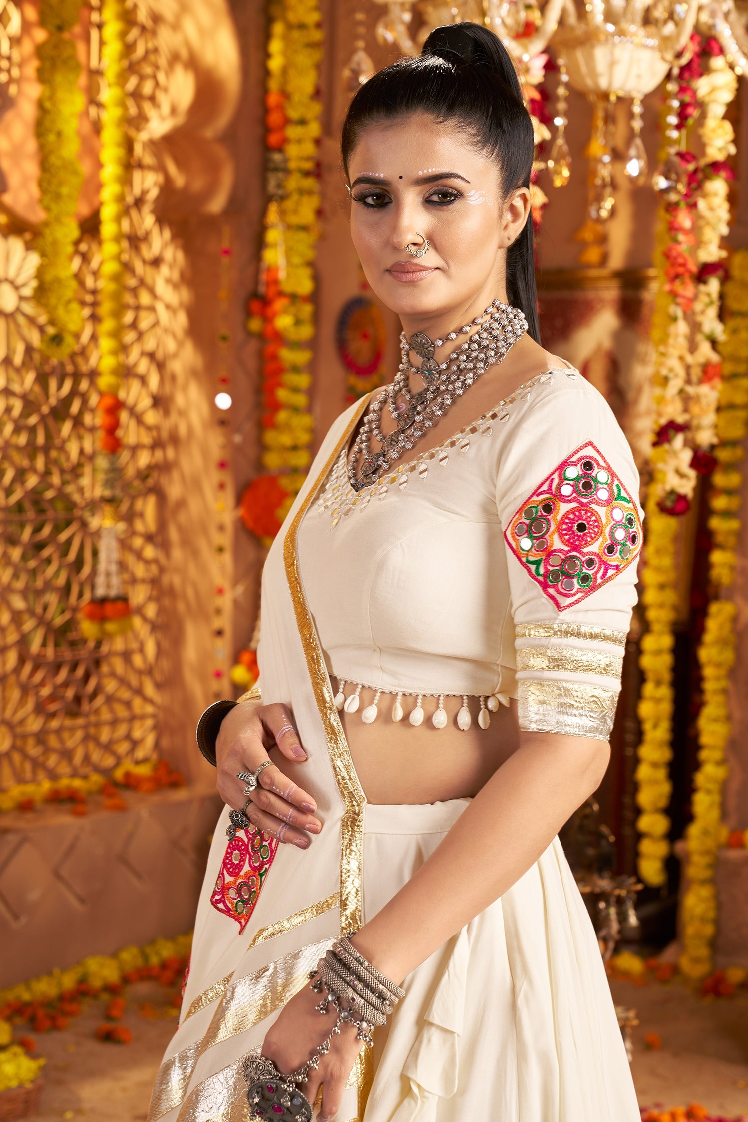 Off White Viscose Rayon Flared Chaniya Choli with Lace and Kachchi Work