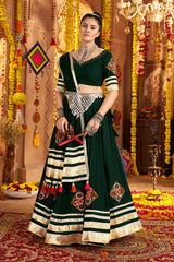 Bottle Green Viscose Rayon Flared Chaniya Choli with Lace and Kachchi Work