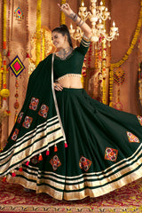 Bottle Green Viscose Rayon Flared Chaniya Choli with Lace and Kachchi Work