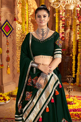 Bottle Green Viscose Rayon Flared Chaniya Choli with Lace and Kachchi Work