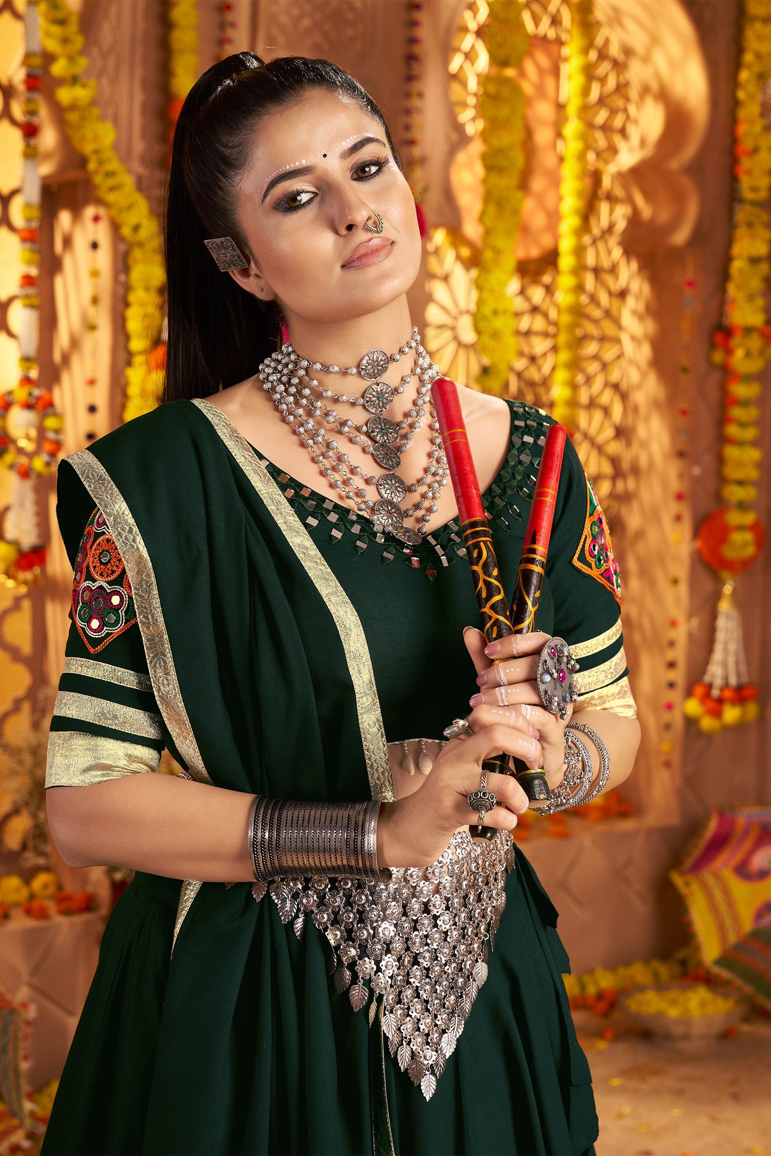 Bottle Green Viscose Rayon Flared Chaniya Choli with Lace and Kachchi Work