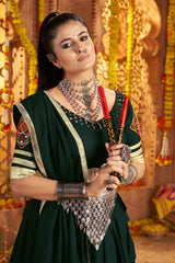 Bottle Green Viscose Rayon Flared Chaniya Choli with Lace and Kachchi Work