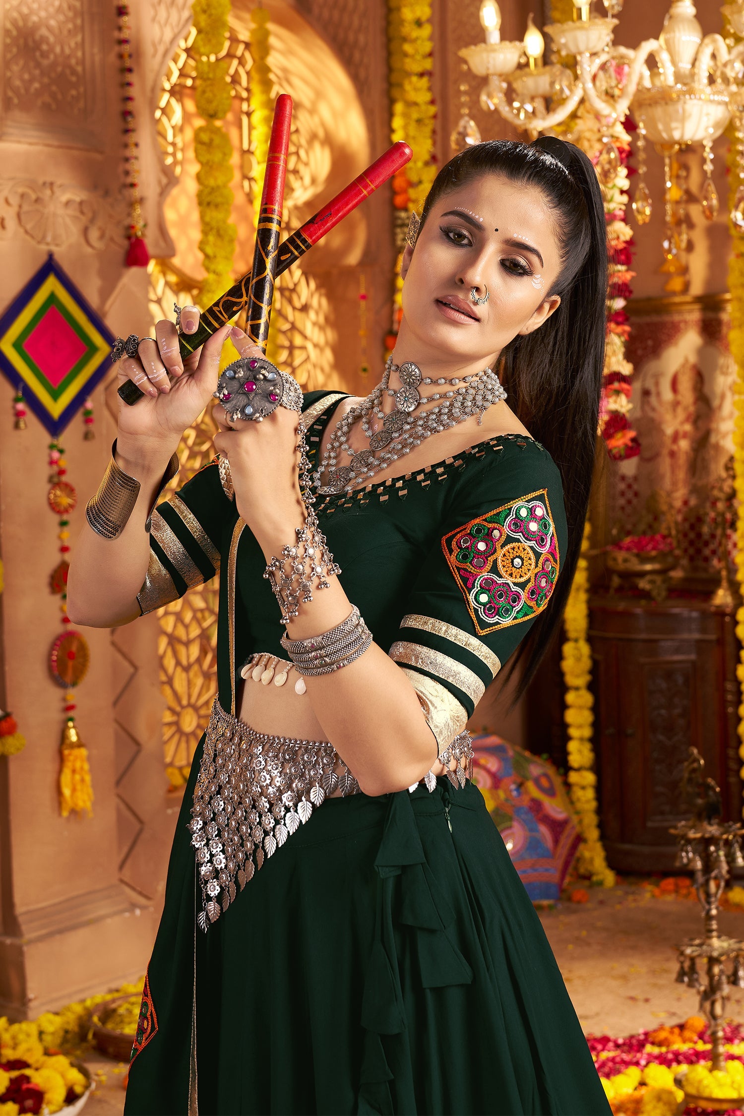 Bottle Green Viscose Rayon Flared Chaniya Choli with Lace and Kachchi Work