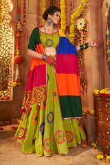 Green Viscose Cotton Mirror Embroidered Flared Chaniya Choli