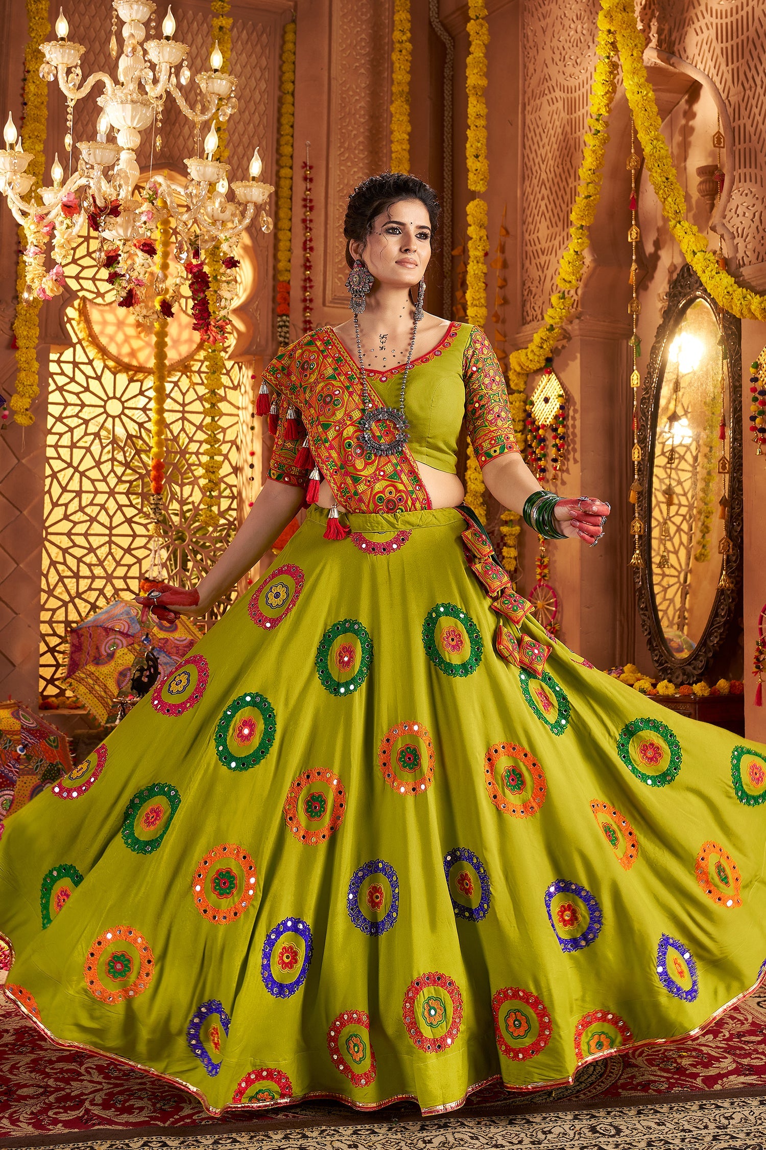 Green Viscose Cotton Mirror Embroidered Flared Chaniya Choli