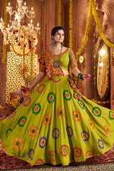 Green Viscose Cotton Mirror Embroidered Flared Chaniya Choli