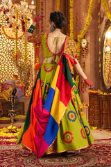 Green Viscose Cotton Mirror Embroidered Flared Chaniya Choli