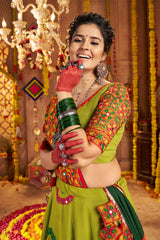 Green Viscose Cotton Mirror Embroidered Flared Chaniya Choli