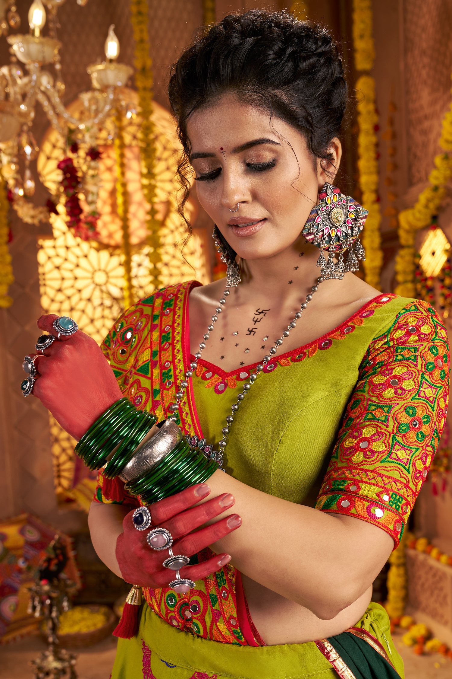 Green Viscose Cotton Mirror Embroidered Flared Chaniya Choli