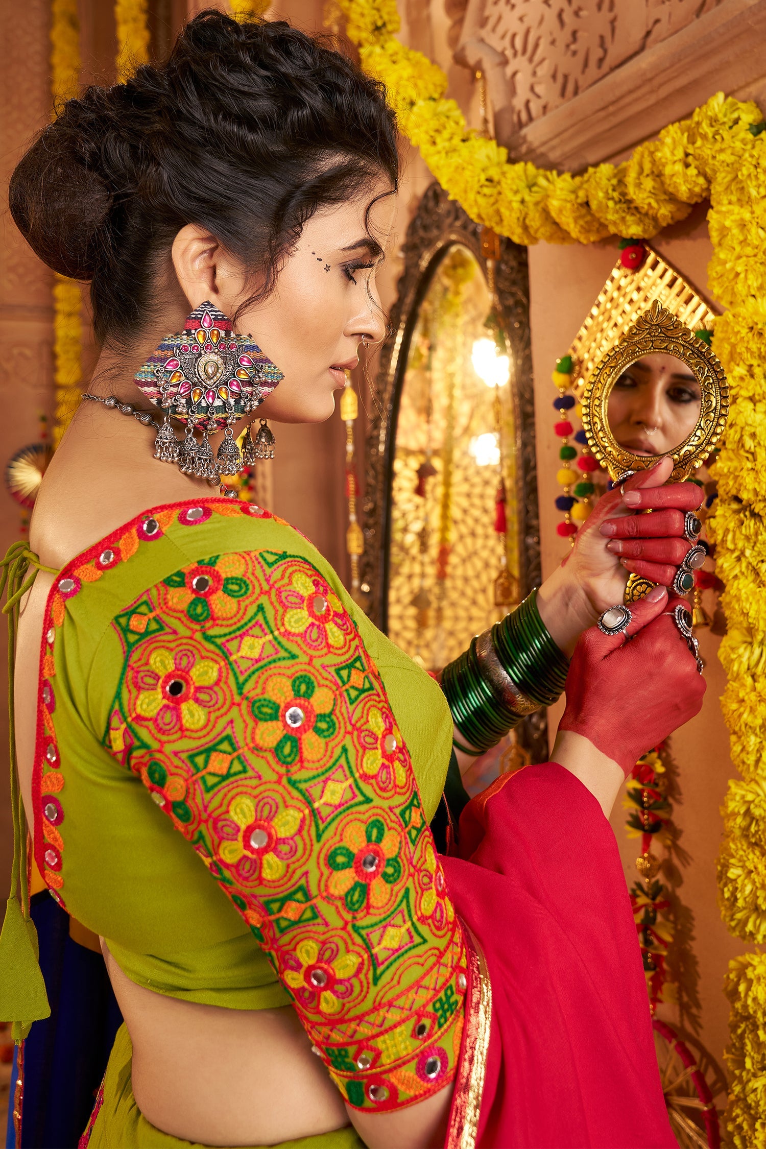 Green Viscose Cotton Mirror Embroidered Flared Chaniya Choli