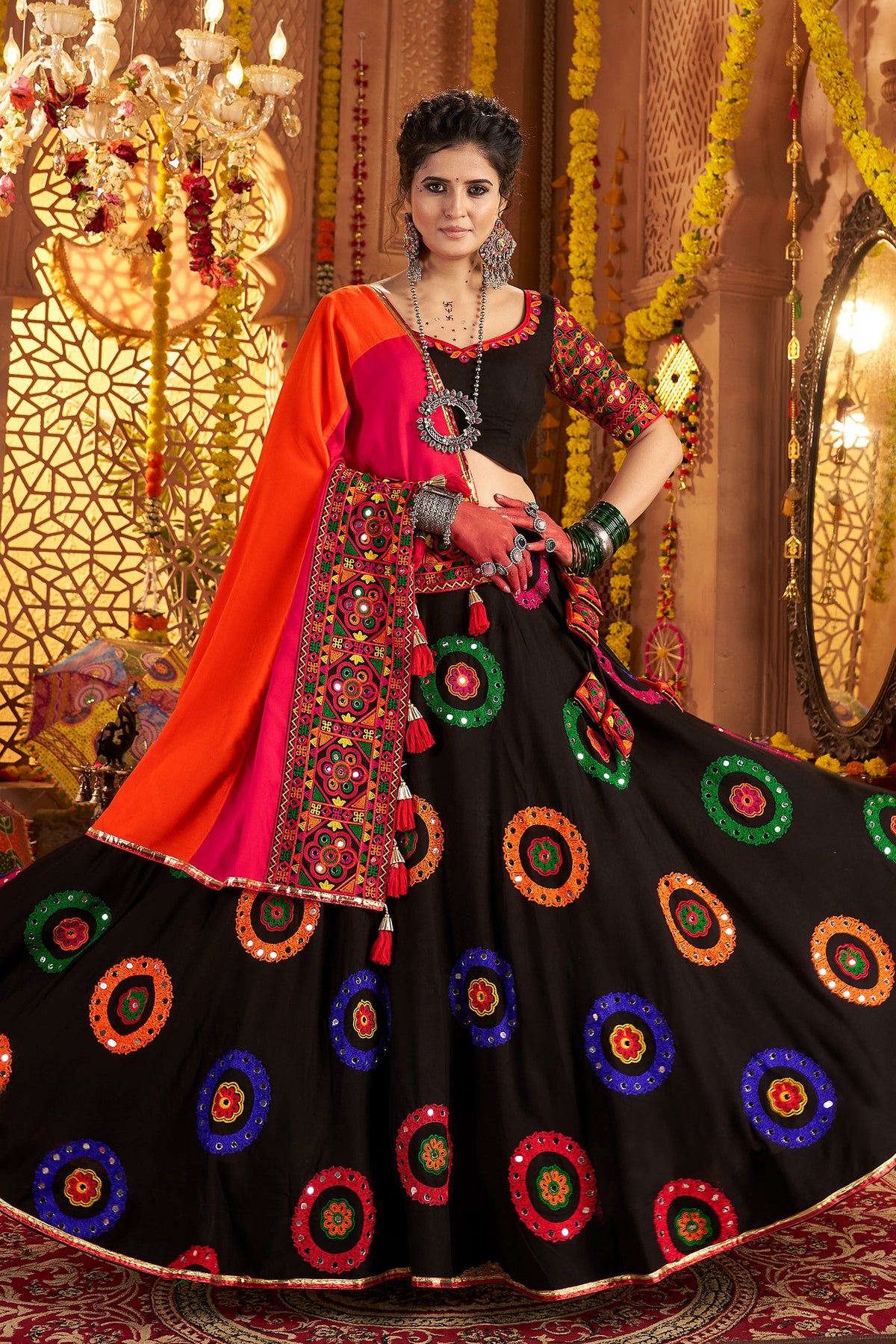 Black Viscose Cotton Mirror Embroidered Flared Chaniya Choli