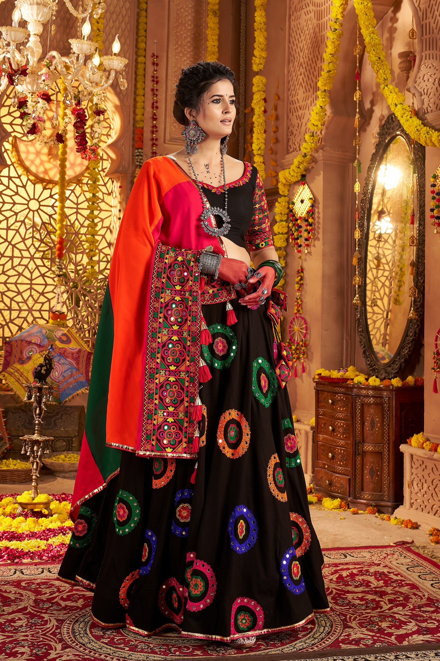 Black Viscose Cotton Mirror Embroidered Flared Chaniya Choli
