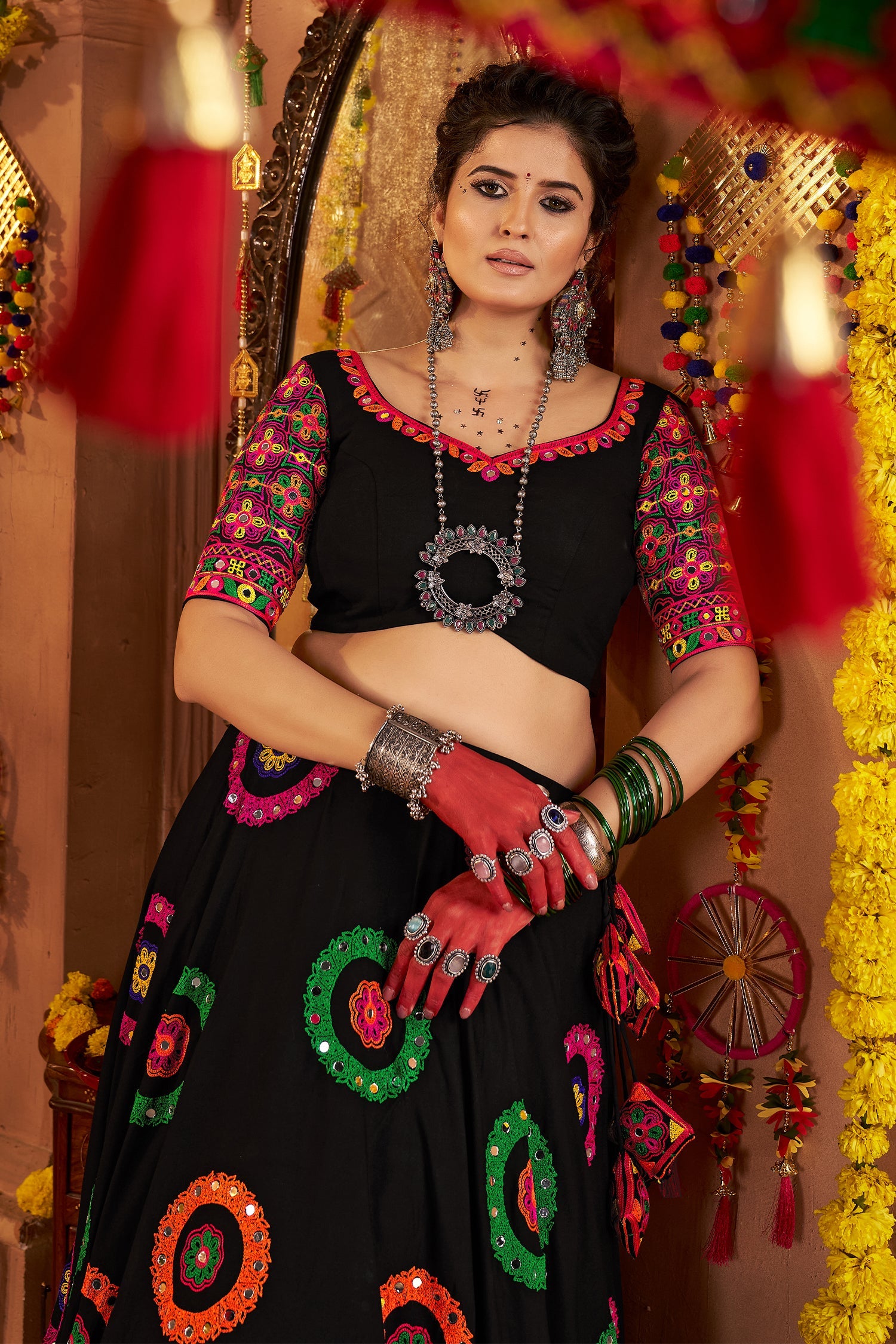 Black Viscose Cotton Mirror Embroidered Flared Chaniya Choli