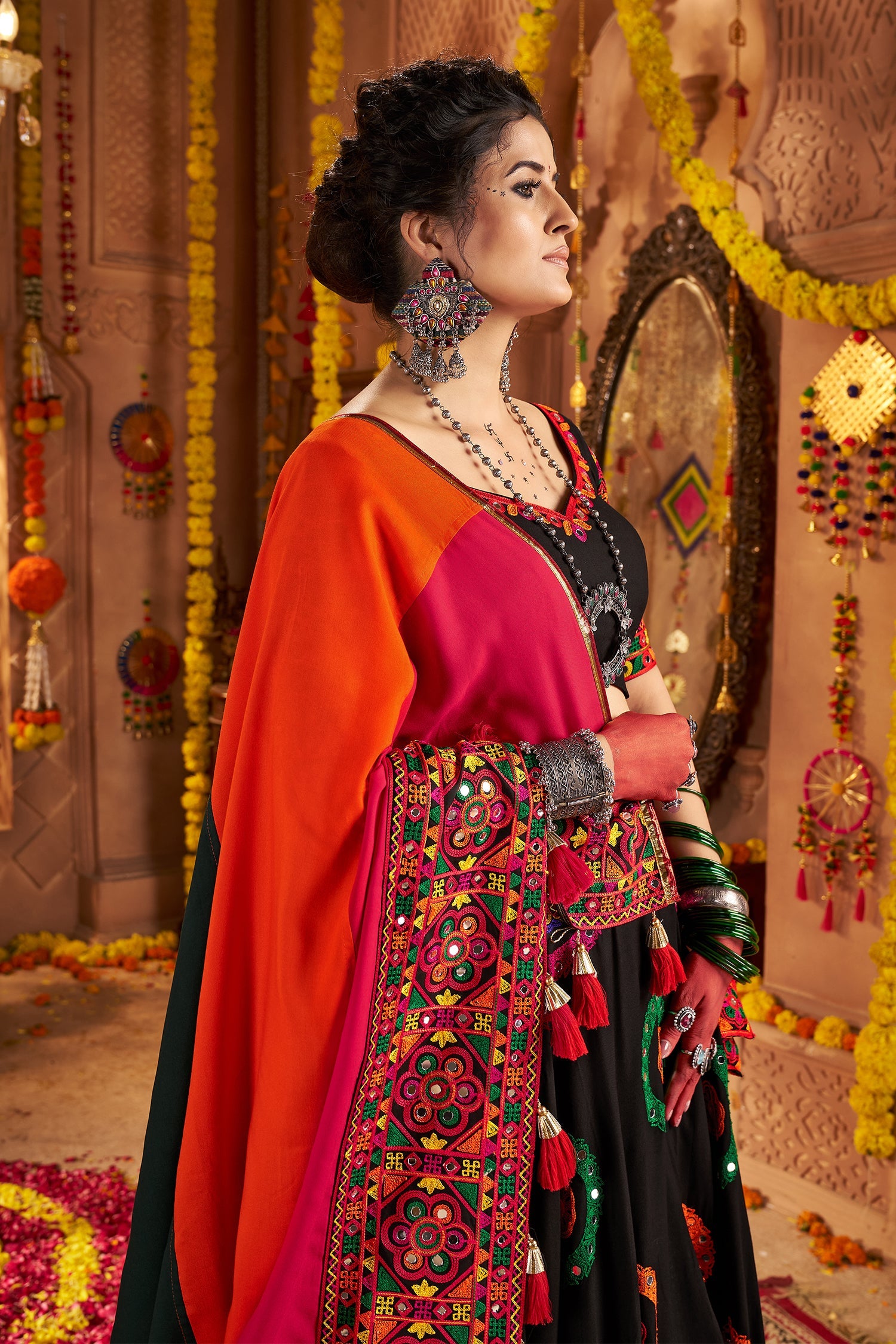 Black Viscose Cotton Mirror Embroidered Flared Chaniya Choli