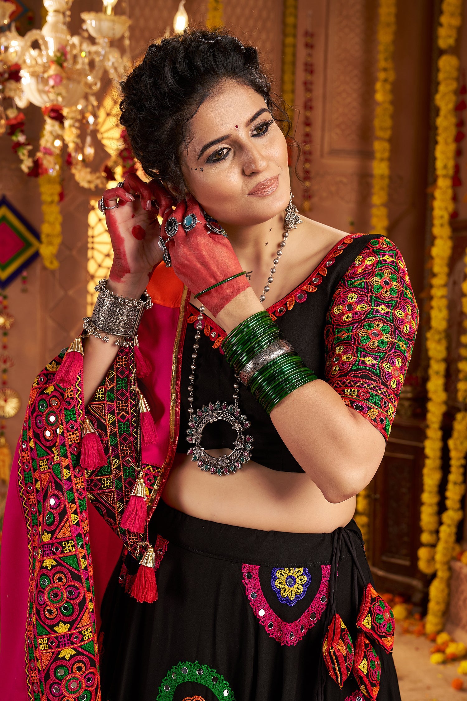 Black Viscose Cotton Mirror Embroidered Flared Chaniya Choli