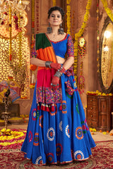 Blue Viscose Cotton Mirror Embroidered Flared Chaniya Choli