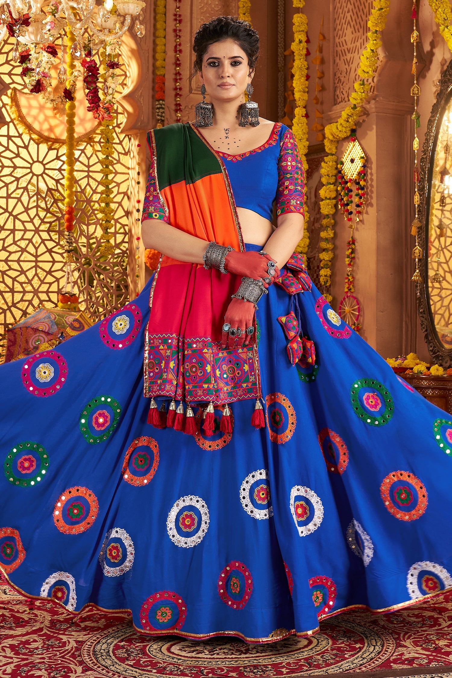 Blue Viscose Cotton Mirror Embroidered Flared Chaniya Choli